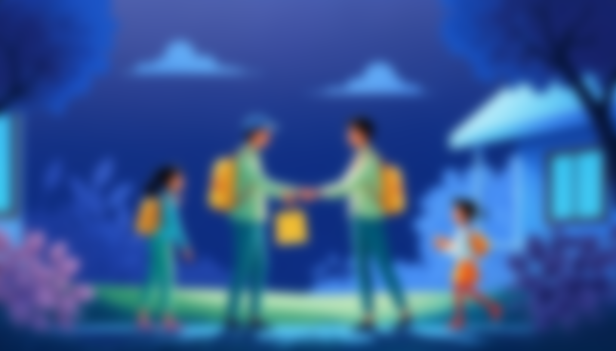 Relief workers providing supplies to family