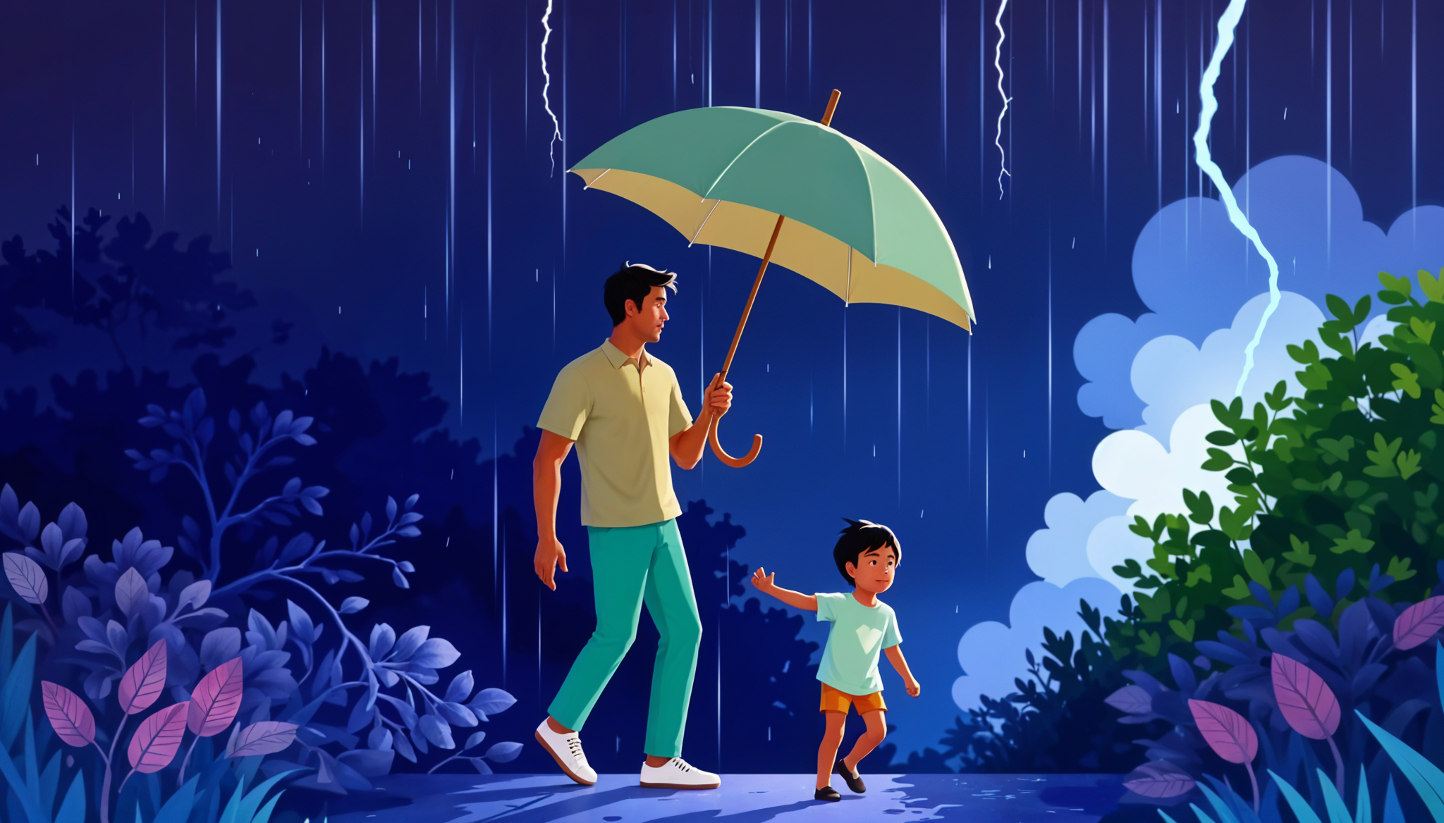 Storm background with man and child under umbrella